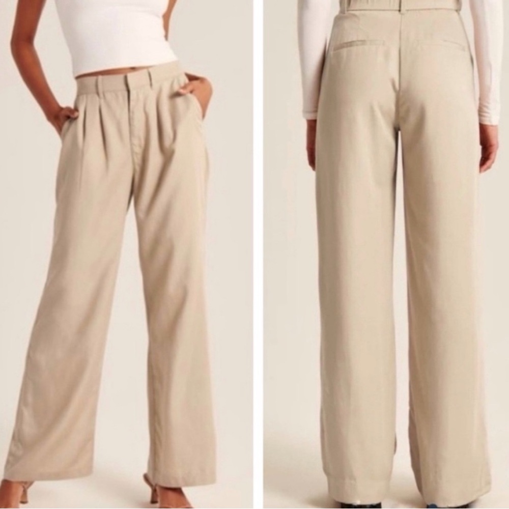 A&F 100% Lyocell Wide Leg Loose Lightweight Trousers With Pockets in Stone Color